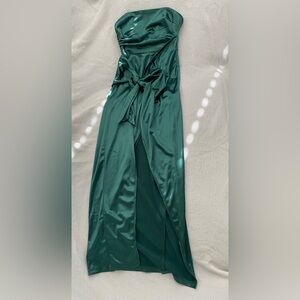 Emerald satin dress with a wrap skirt